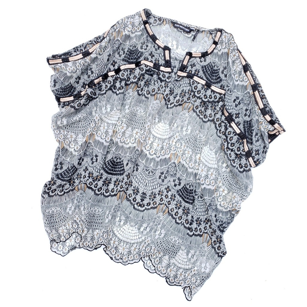 KAS New York Beaded Scalloped Black White Top